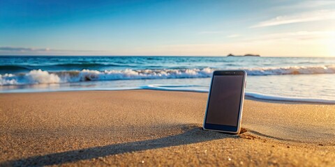 Canvas Print - Blank smartphone lying on sandy beach against blurred background of ocean waves and distant horizon, smartphone, blank, beach