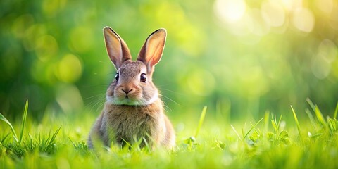 Poster - A cute rabbit happily sitting in lush green grass, rabbit, cute, animal, wildlife, grass, outdoor, nature, furry, fluffy, mammal