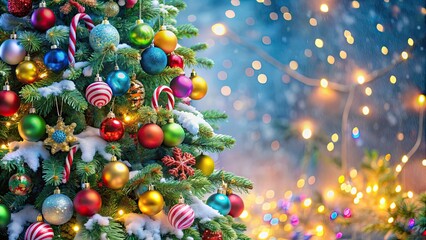 Poster - Christmas tree adorned with colorful ornaments, lights, garlands, and candies in a winter setting, Christmas, tree, decorations