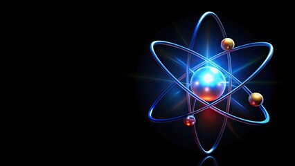 Wall Mural - Atom resting on a black background , science, chemistry, physics, microscopic, structure, element, nucleus, proton