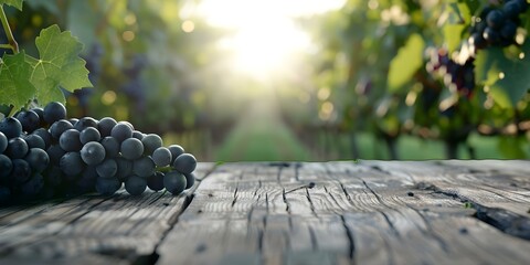 Wall Mural - Organic Fruits and Grape Bunches on a Wooden Table with Vineyard Views. Concept Outdoor Photography, Rustic Setting, Farm Fresh Produce, Natural Light, Scenic Vineyard Views