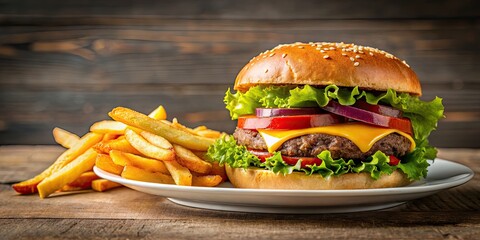 Poster - Closeup of a juicy burger and fries on a plate, burger, fast food, delicious, meal, lunch, dinner, appetizing, beef, grilled, cheese