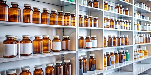 Poster - Close-up of a neatly arranged pharmacy shelf with fictional medication labels, fictional, medicine, pharmacy, shelves