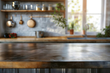 Aufkleber - Empty tabletop surface for product display montage with blurred kitchen background