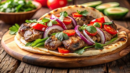 Canvas Print - Close up view of delicious grilled meat and vegetables on Georgian pita, grilled, meat, vegetables, Georgian, pita, bread, close up