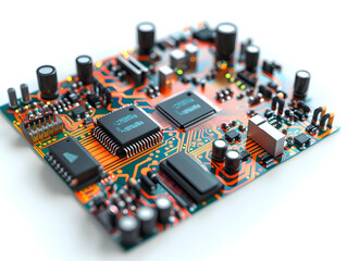 A close-up of a computer motherboard circuit board filled with electronic components like processors and capacitors