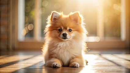 Sticker - Adorable Pomeranian puppy with golden fur basking in sunlight indoors, Pomeranian, puppy, adorable, fluffy, golden, sunlight, warm