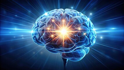 An illuminated human brain symbolizing brain power, energy, flashes, potential, intelligence, cognition, innovation