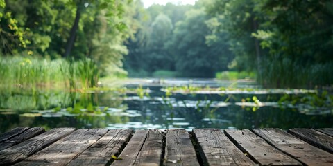 Wall Mural - Serene Lake A Tranquil Scene with Lush Greenery and an Old Wooden Deck for Relaxation. Concept Lake Views, Tranquil Setting, Green Landscapes, Wooden Deck, Relaxing Environment