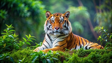 Wall Mural - a stunning bengal tiger resting in a lush green habitat, bengal tiger, beautiful, wildlife, nature, 