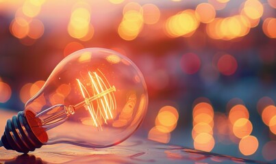 Sticker - Light bulb on a table with blurred orange lights in the background. AI.