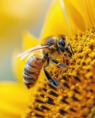 Poster - Bee pollinating a sunflower. AI.