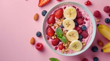 Sticker - Acai berry smoothie bowl with banana, strawberries, blueberries, and granola. AI.