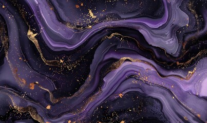 Wall Mural - Liquid marble background of purple color with splashes of gold.