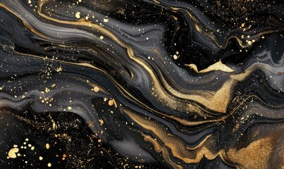 Wall Mural - Liquid marble background of black color with splashes of gold.