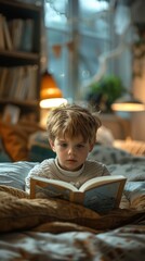 Poster - A young boy is reading a book in a cozy room. AI.