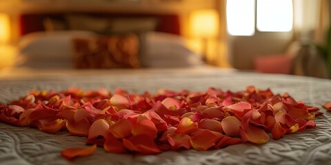 Canvas Print - Red rose petals scattered on a bed. AI.