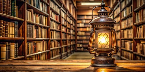 Canvas Print - Antique lantern casting soft glow in vintage library, antique, lantern, soft glow, vintage, library, old, rustic, decor, cozy