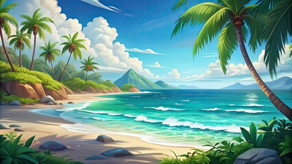 Poster - Tropical beach scene with palm trees and a blue sky.