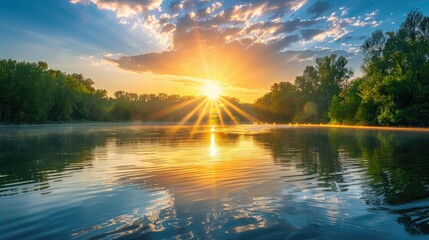 Wall Mural - Sun rays reflecting off calm river surface