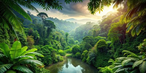 Poster - A tranquil top-view of a lush jungle landscape , Jungle, foliage, green, vibrant, serene, nature, landscape, top-view, dense