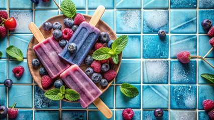 Poster - Assorted fruit popsicles on a blue tiled surface.