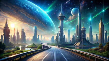 Canvas Print - Futuristic Cityscape Under a Double Moon - A futuristic cityscape under a double moon with glowing stars and planets in the sky. - A futuristic cityscape under a double moon with glowing stars and pla