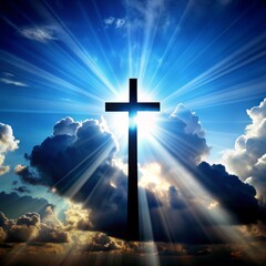 Wall Mural - Cross in the Sky - Silhouette of a cross against a bright blue sky with sun rays shining through clouds. - Silhouette of a cross against a bright blue sky with sun rays shining through clouds.