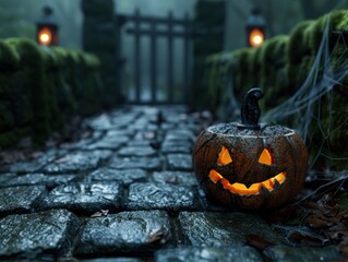 Wall Mural - Spooky Halloween pumpkin in dark forest