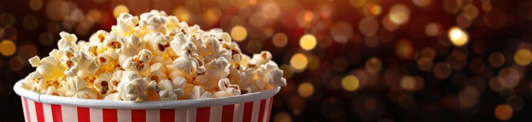 Wall Mural - Delicious popcorn in a red and white striped container against a blurred festive background