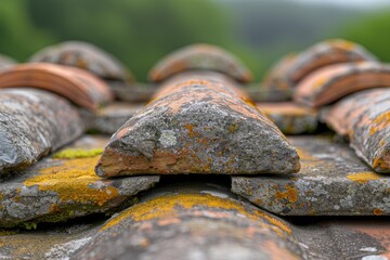 Canvas Print - Weathered stone tiles on a mossy surface