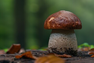 Wall Mural - Closeup of a brown mushroom growing in the forest