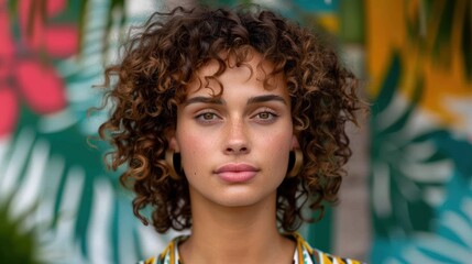 Poster - Curly-haired woman with natural makeup and colorful background