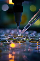 Wall Mural - A lab with many test tubes and a syringe being used to fill them. The tubes are filled with different colored liquids, and the syringe is being used to transfer the liquid from one tube to another