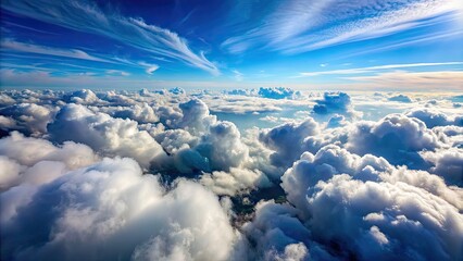 Wall Mural - Aerial view of white fluffy clouds from above , flying, sky, clouds, above, aerial view, bird's eye, scenic, peaceful, serene