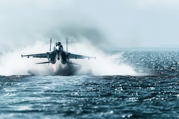 Sticker - a fighter jet flying over a body of water