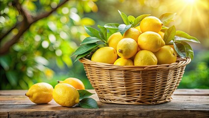 Sticker - Basket of fresh yellow lemons with green leaves in outdoor setting, yellow, lemons, leaves, citrus, fresh, basket, nature