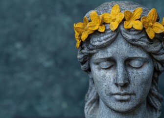 Wall Mural - Serene stone sculpture with yellow flowers