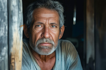 Poster - A man with grey hair and a beard looking at the camera.