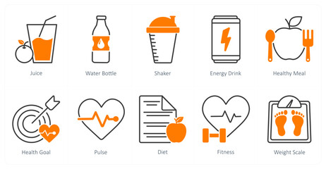 Sticker - A set of 10 Sports and Fitness icons as juice, water bottle, shaker