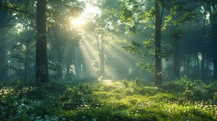 Wall Mural - Peaceful forest scene with misty morning light filtering through trees, ideal for nature themes