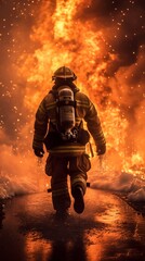 A brave and handsome Korean firefighter, risking his life, urgently sprints towards the massive flames at the intense fire scene, captured in a full-body shot from behind