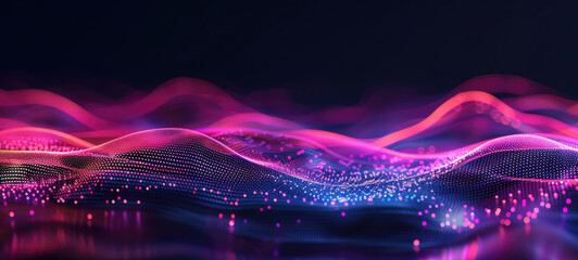 Futuristic trendy background with wavy airy texture of silk neon shiny blue purple fabric in the form of a wave on a dark background. Neon wave. Copy space. Banner