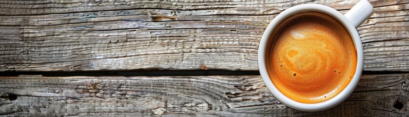 Wall Mural - A cup of coffee with foam on wooden background.