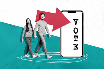 Sticker - Creative collage picture walking young woman man partners go vote election smartphone touchscreen app remote referendum drawing background