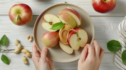 Canvas Print - A person is holding a plate with a variety of apples and peanut butter. The plate is placed on a wooden table with a few apples and a bowl of peanuts nearby