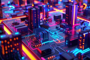Electronic circuit 3d, neon binary code random, city scape concept