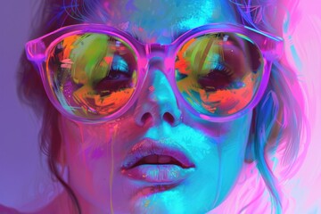 fashion portrait illustration of a girl close up posing on camera, rainbow colorful light, beautiful big sunglasses