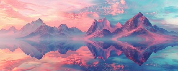 Wall Mural - Pink and blue mountain range reflecting on perfectly still water at sunset. Beautiful landscape with pastel colors for relaxing and inspirational projects