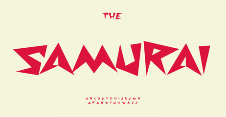 Leinwandbilder - Samurai alphabet asian calligraphic letters, red bold geometric jagged font for manga and anime headlines, Japanese food restaurant logo, oriental style typography. Vector typeset.